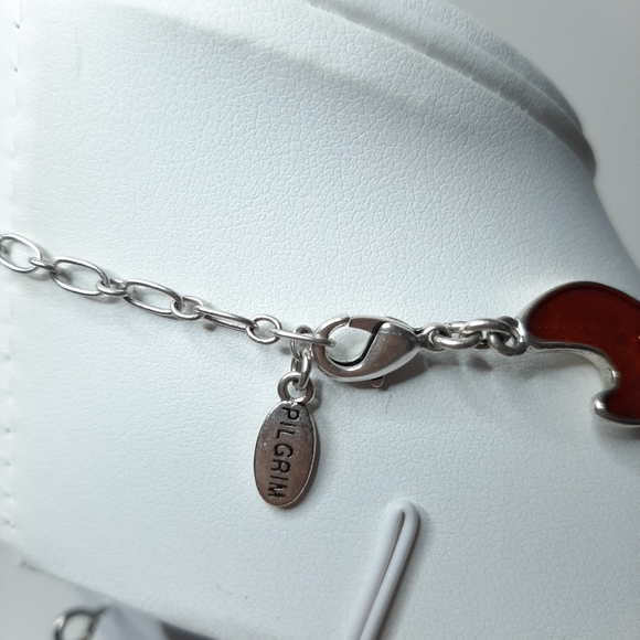 Pilgrim Skanderborg Silver Tone Orange Resin Abstract Shape Link Necklace - Picture 2 of 7